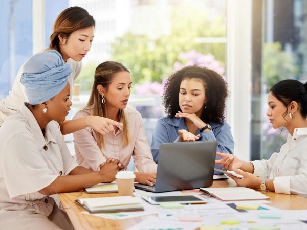 Digital marketing, creative business women planning, collaboration and marketing ideas brainstormin